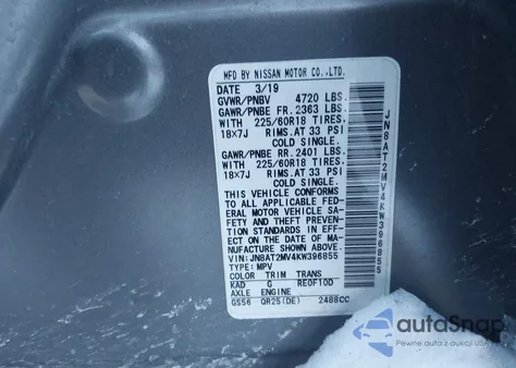 2019 Nissan Rogue Sv z USA, uszkodzony, nr VIN JN8AT2MV4KW396855